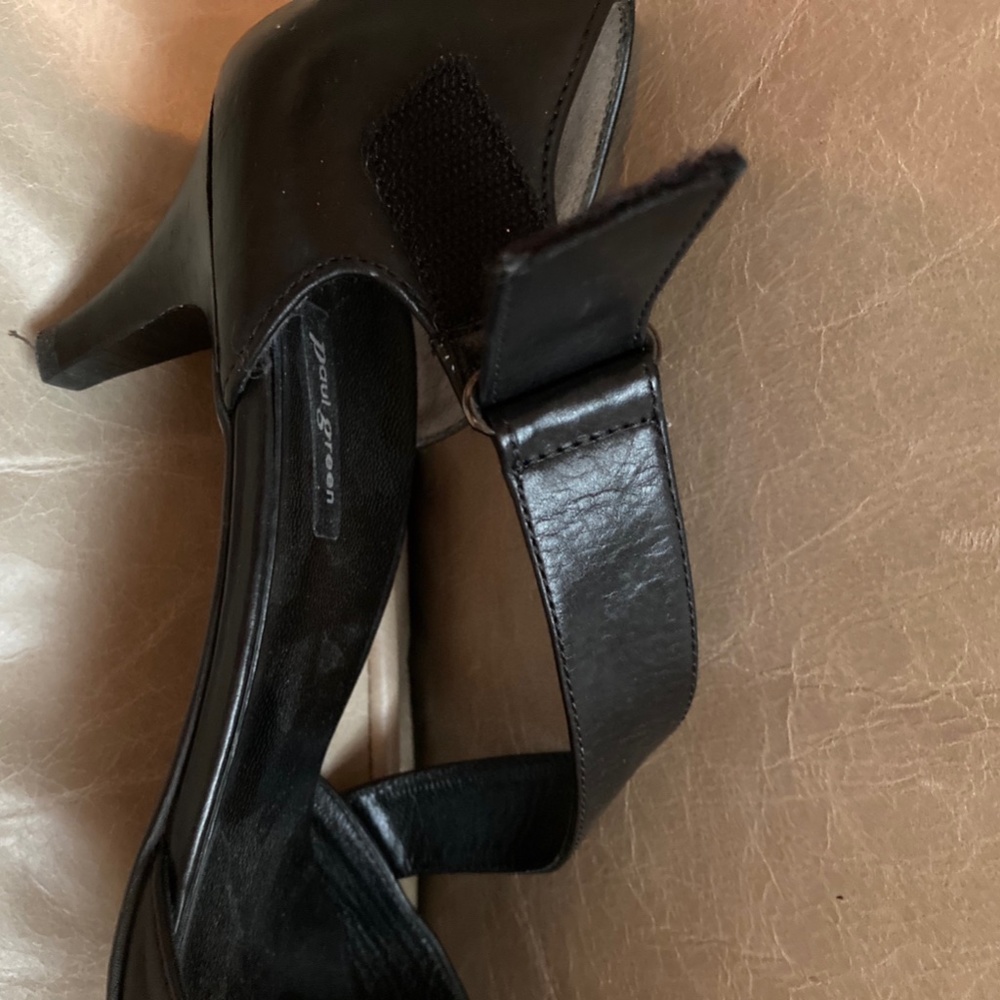 Black Paul Green 2" black heel with cross vamp velcro strap